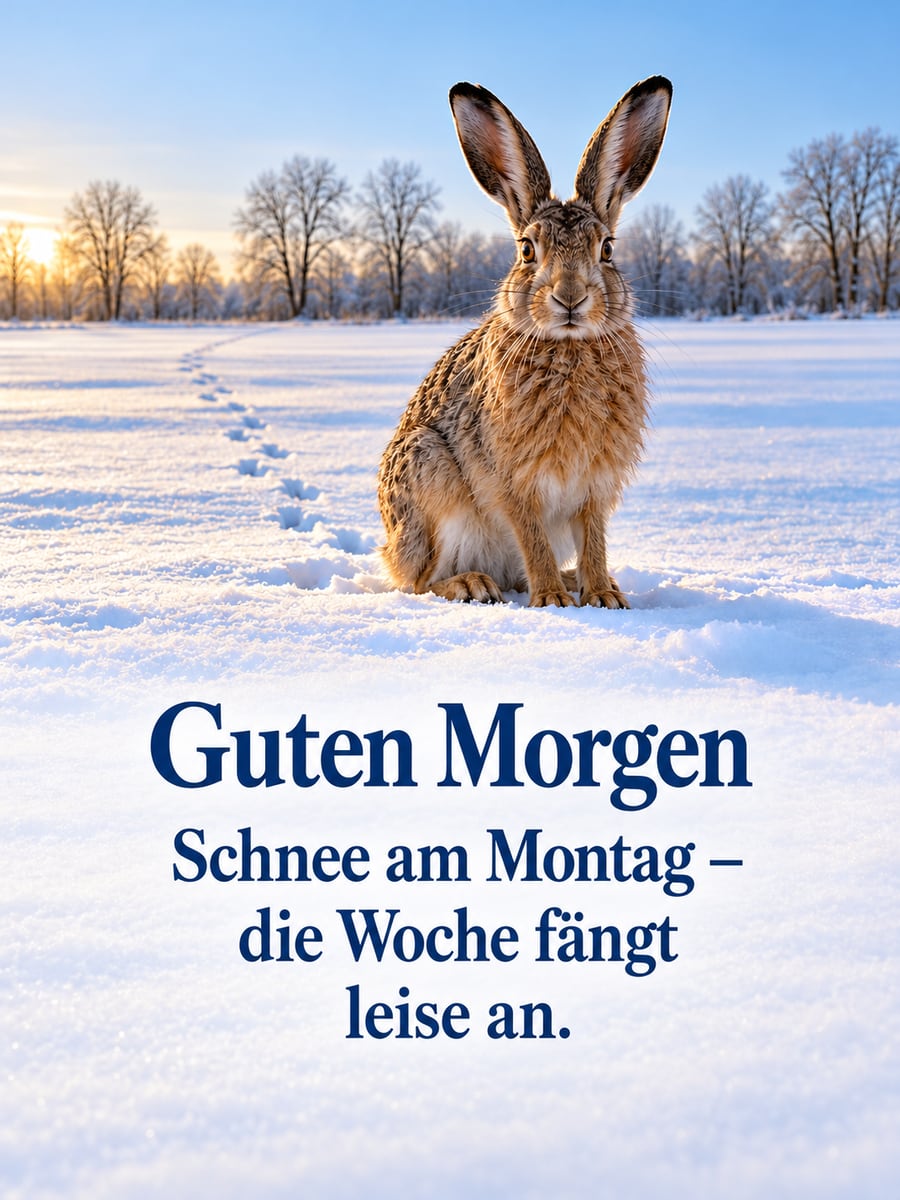Guten-Morgen-Bild zum Montag mit dem Text „Guten Morgen“ und „Schnee am Montag – die Woche fängt leise an.“ – Motiv: Feldhase, Schneefeld, Spuren, Winter