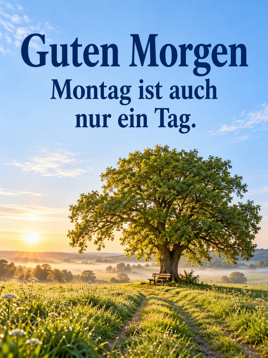 Guten-Morgen-Bild zum Montag mit dem Text „Guten Morgen“ und „Montag ist auch nur ein Tag.“ – Motiv: Feldweg, Linde, Holzbank, Morgentau
