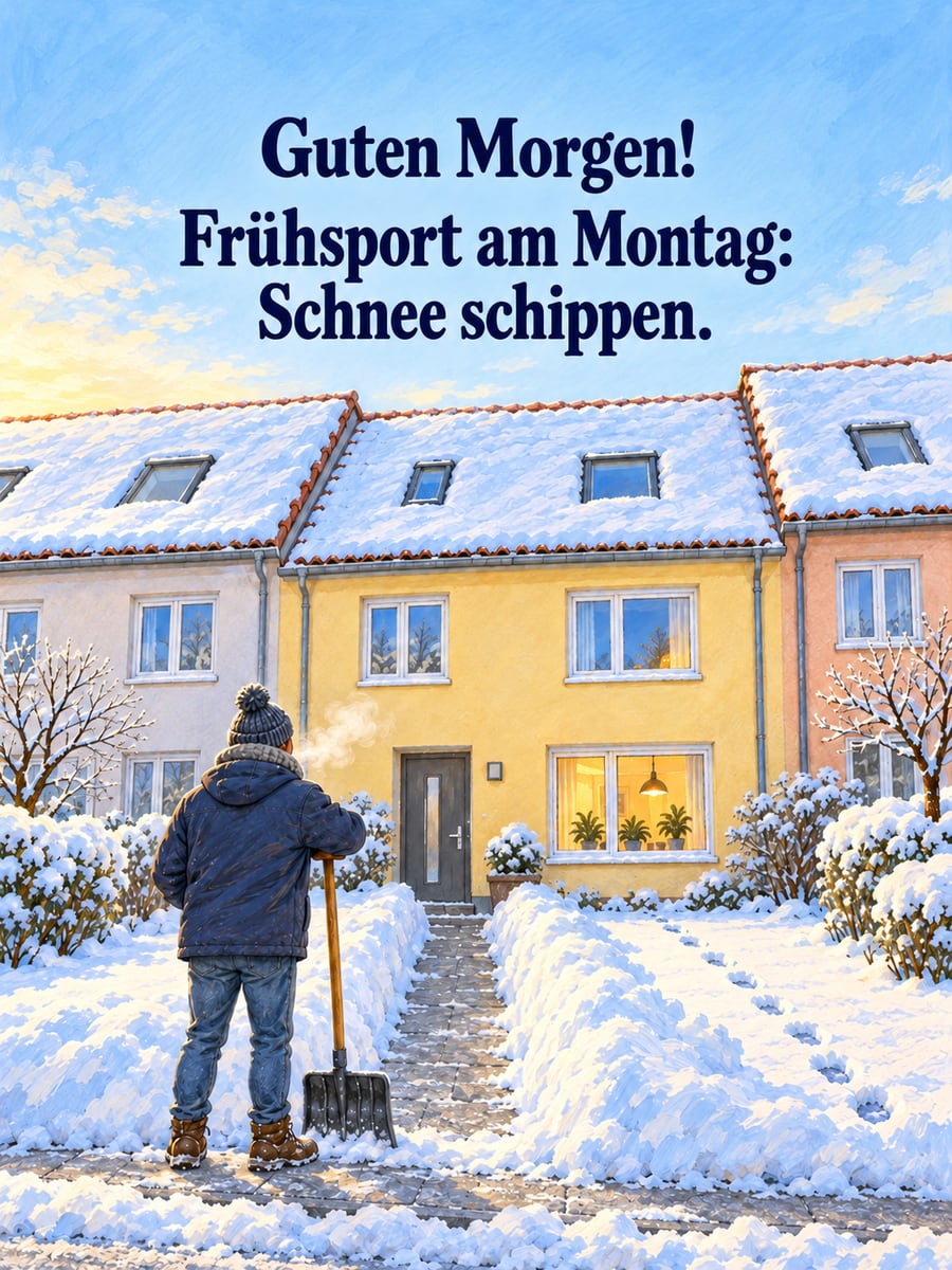 Guten-Morgen-Bild zum Montag mit dem Text „Guten Morgen!“ und „Frühsport am Montag: Schnee schippen.“ – Motiv: Schneeschippen, Reihenhaus, Fußspuren, Winter