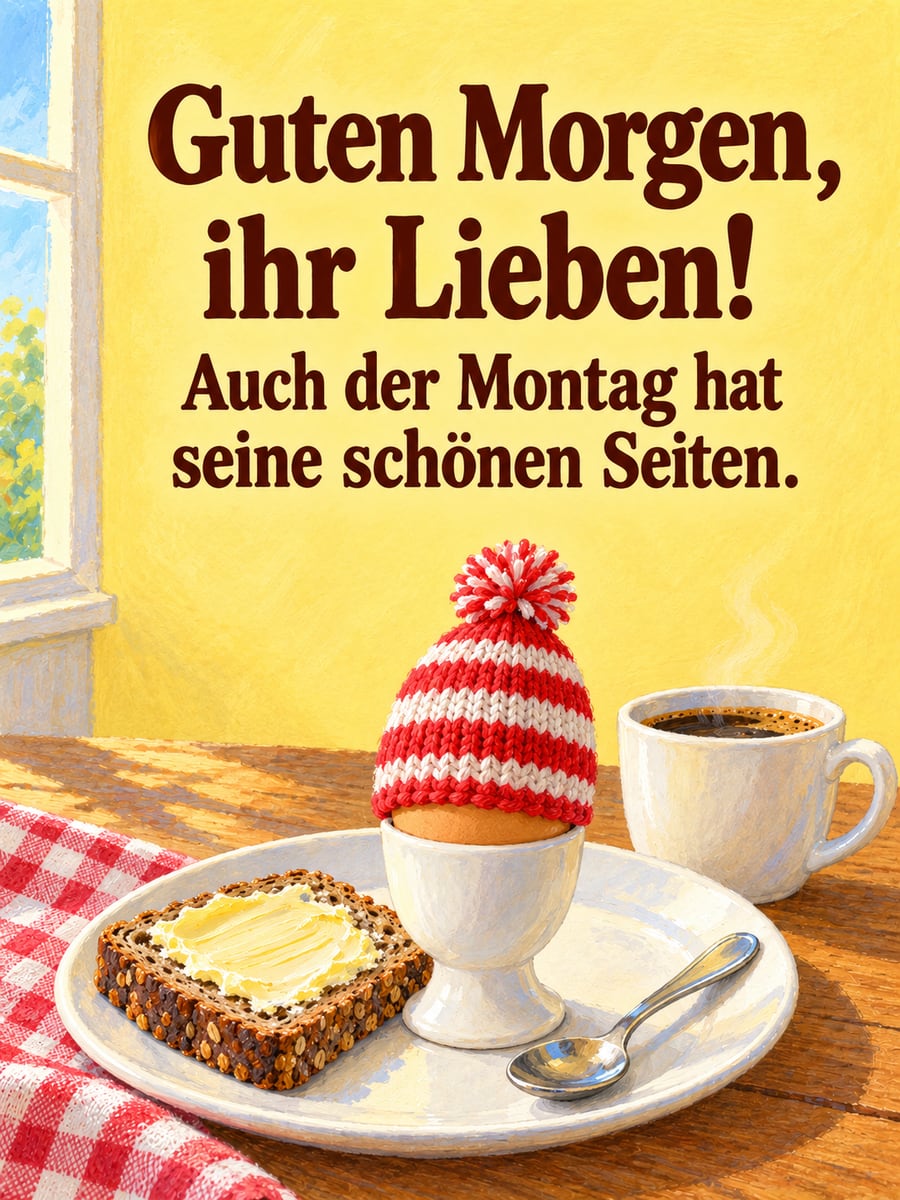 Guten-Morgen-Bild zum Montag mit dem Text „Guten Morgen, ihr Lieben!“ und „Auch der Montag hat seine schönen Seiten.“ – Motiv: Frühstücksei, Eierwärmer, Roggenbrot, Kaffee