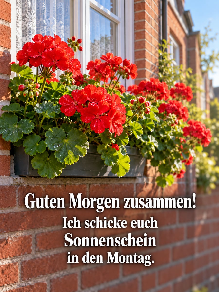 Guten-Morgen-Bild zum Montag mit dem Text „Guten Morgen zusammen!“ und „Ich schicke euch Sonnenschein in den Montag.“ – Motiv: Geranien, Blumenkasten, Backsteinhaus, Gardine