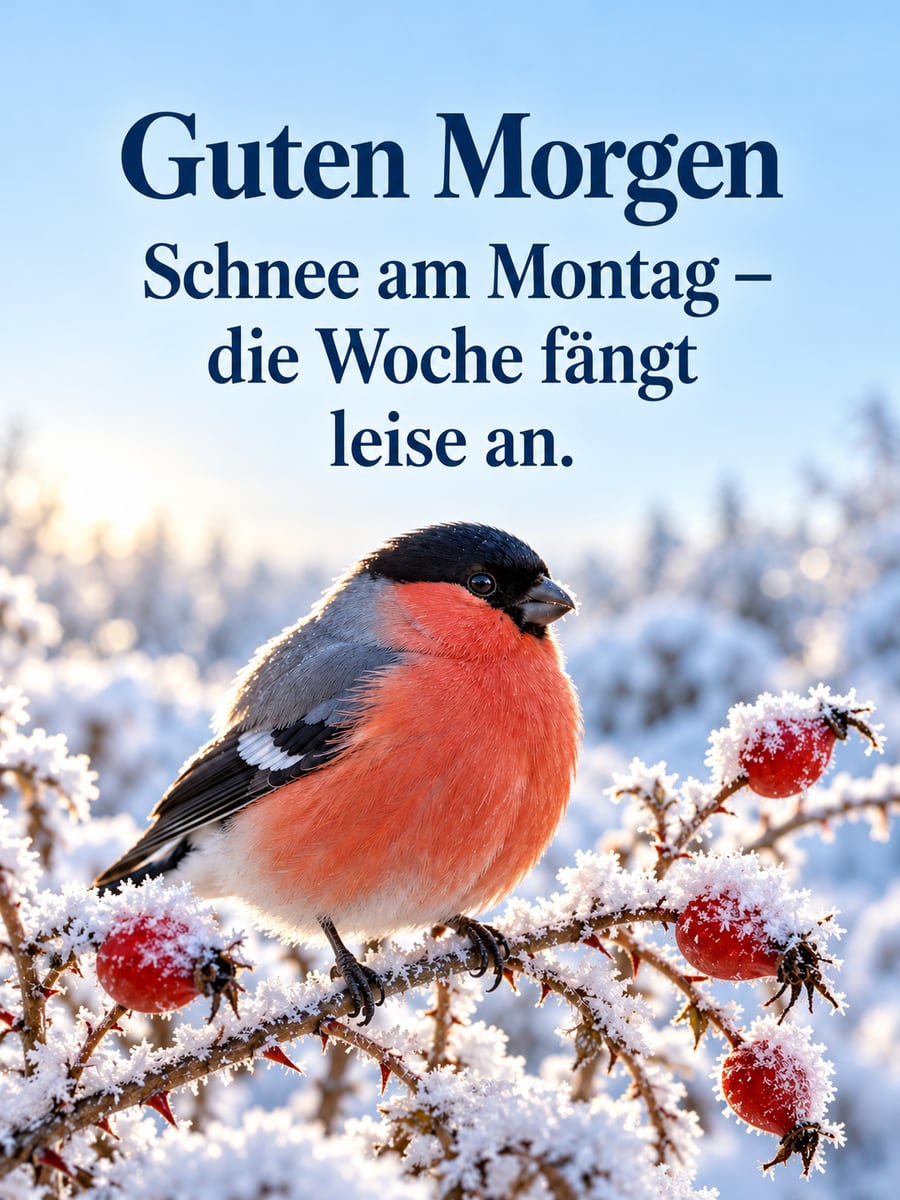 Guten-Morgen-Bild zum Montag mit dem Text „Guten Morgen“ und „Schnee am Montag – die Woche fängt leise an.“ – Motiv: Gimpel, Hagebutten, Raureif, Schnee