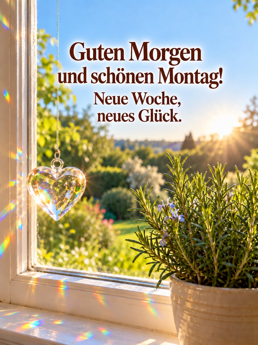 Guten-Morgen-Bild zum Montag mit dem Text „Guten Morgen und schönen Montag!“ und „Neue Woche, neues Glück.“ – Motiv: Glasherz, Sonnenfänger, Küchenfenster, Rosmarin