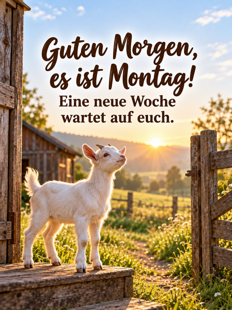 Guten-Morgen-Bild zum Montag mit dem Text „Guten Morgen, es ist Montag!“ und „Eine neue Woche wartet auf euch.“ – Motiv: Ziege, Zicklein, Hoftor, Morgensonne, Neuanfang