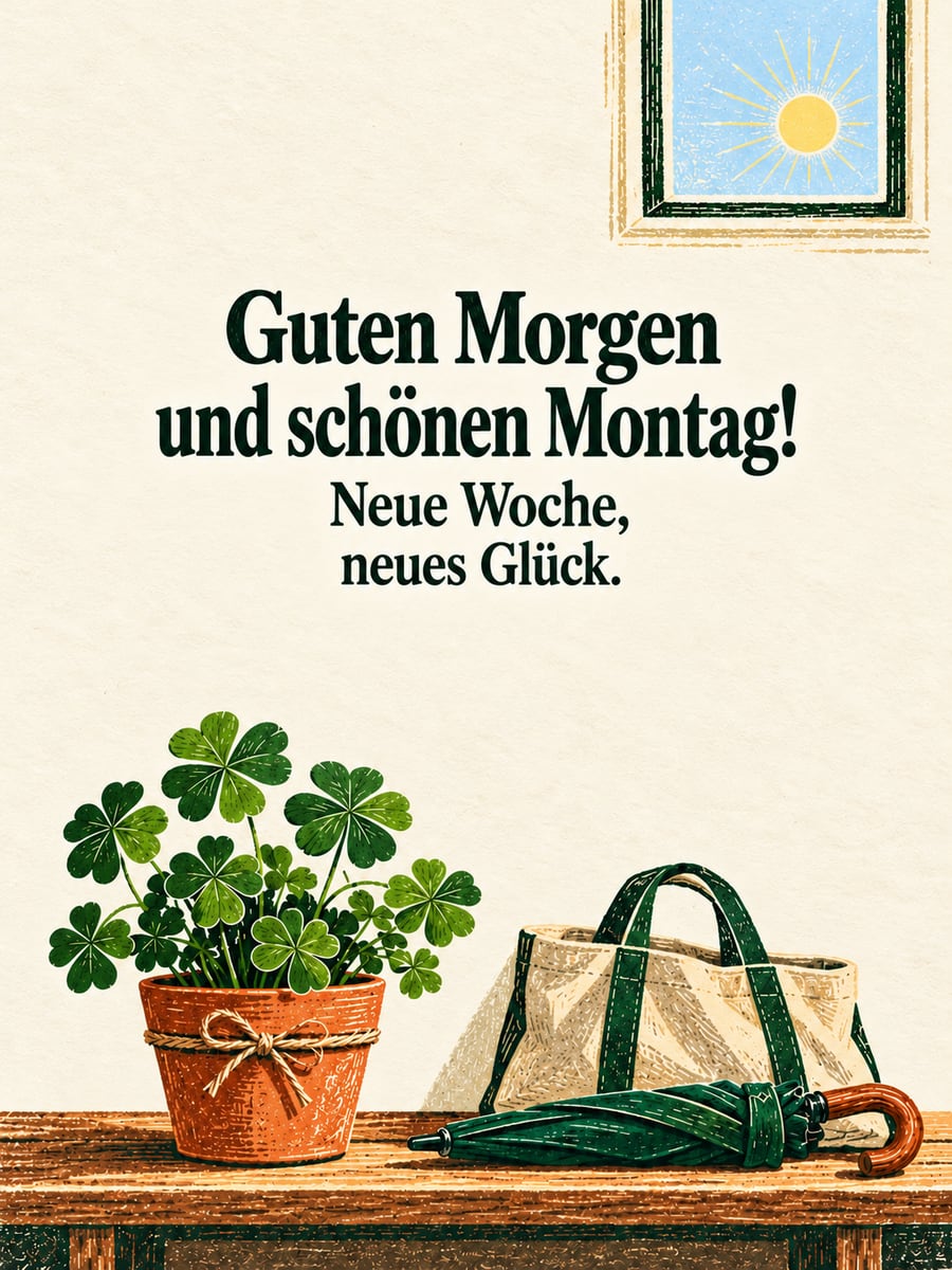 Guten-Morgen-Bild zum Montag mit dem Text „Guten Morgen und schönen Montag!“ und „Neue Woche, neues Glück.“ – Motiv: Glücksklee, Stofftasche, Regenschirm, Linoldruck