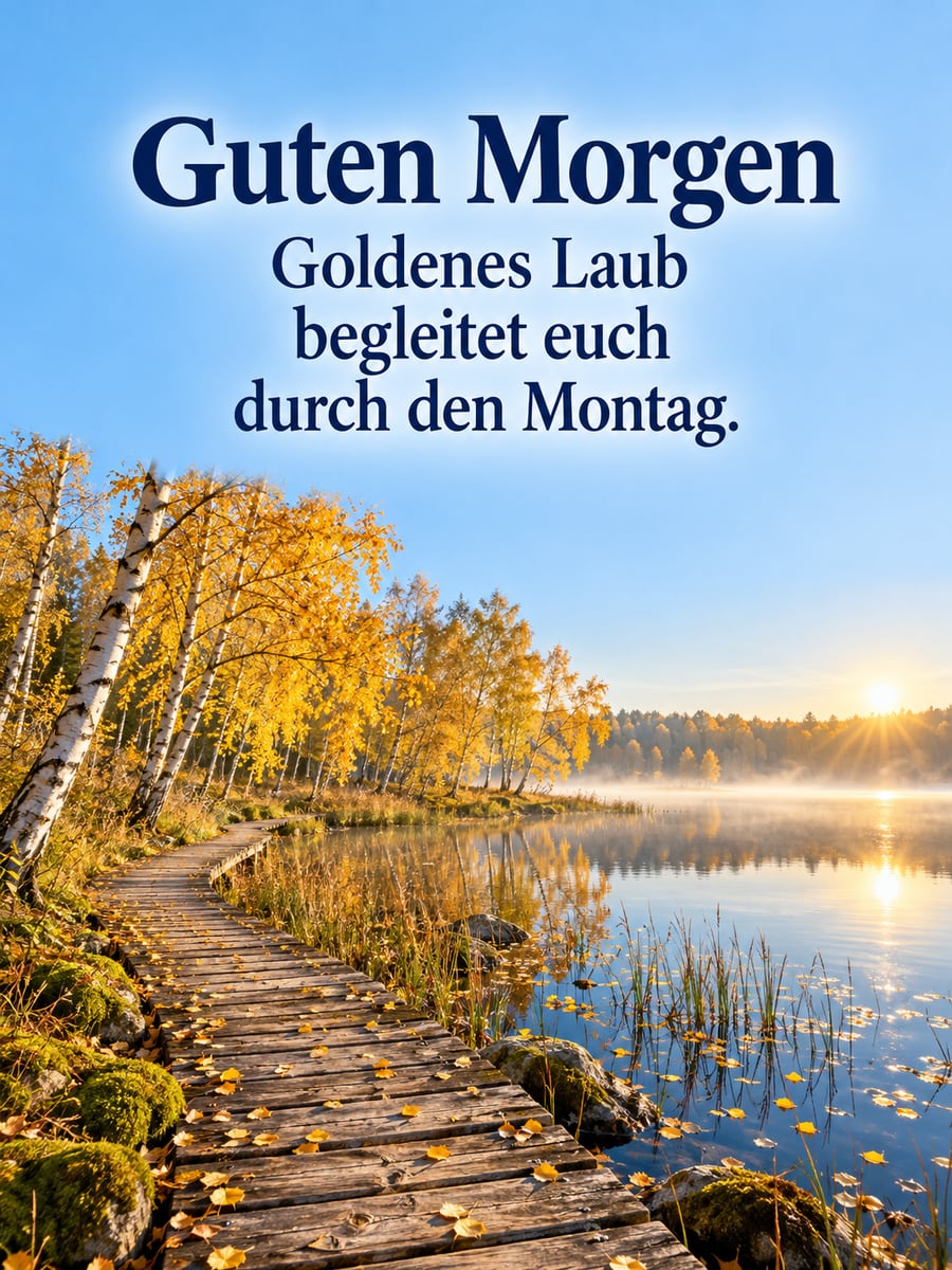 Guten-Morgen-Bild zum Montag mit dem Text „Guten Morgen“ und „Goldenes Laub begleitet euch durch den Montag.“ – Motiv: Birken, See, Bohlenweg, Herbstlaub