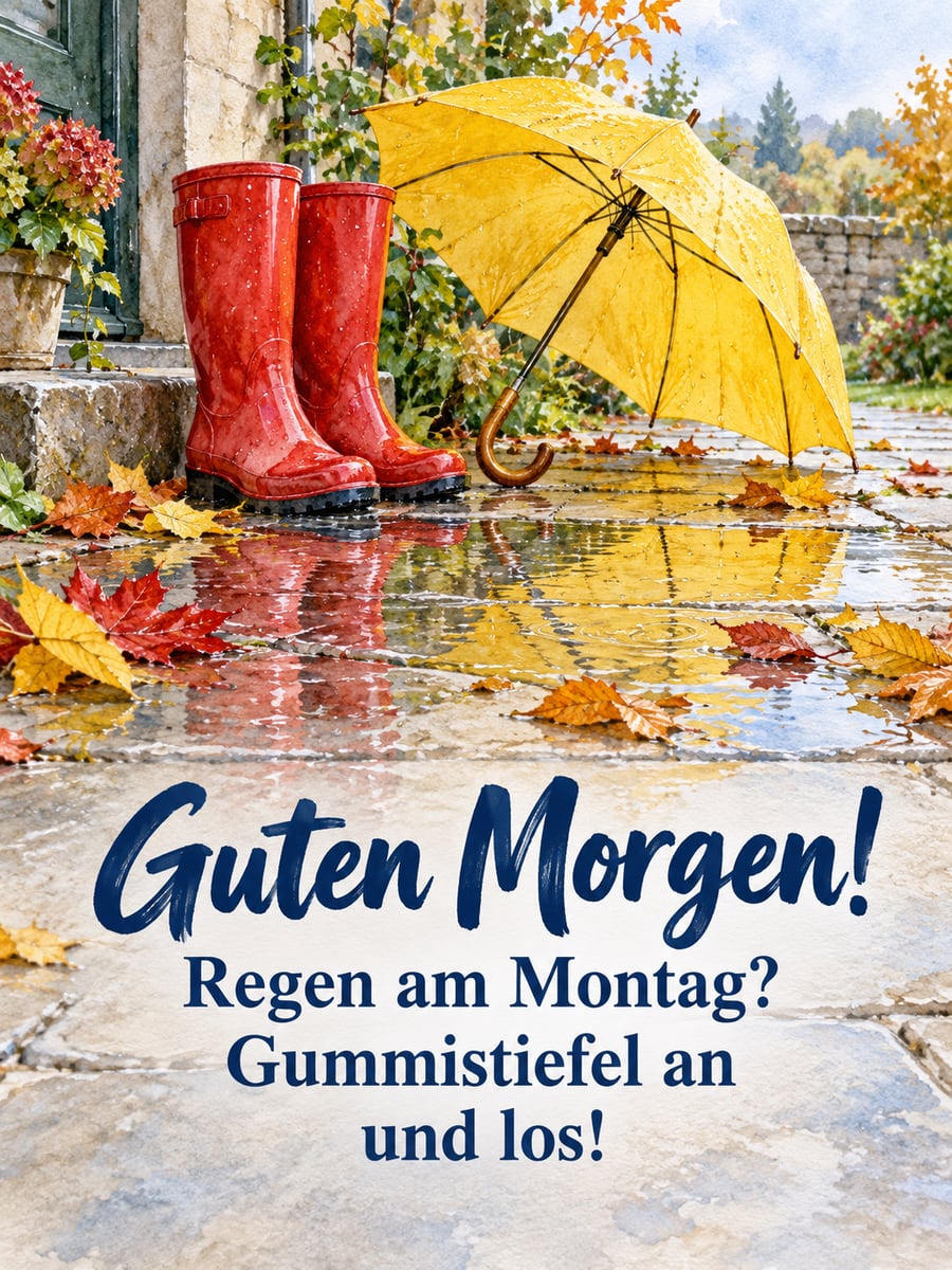 Guten-Morgen-Bild zum Montag mit dem Text „Guten Morgen!“ und „Regen am Montag? Gummistiefel an und los!“ – Motiv: Gummistiefel, Regenschirm, Pfütze, Herbstlaub