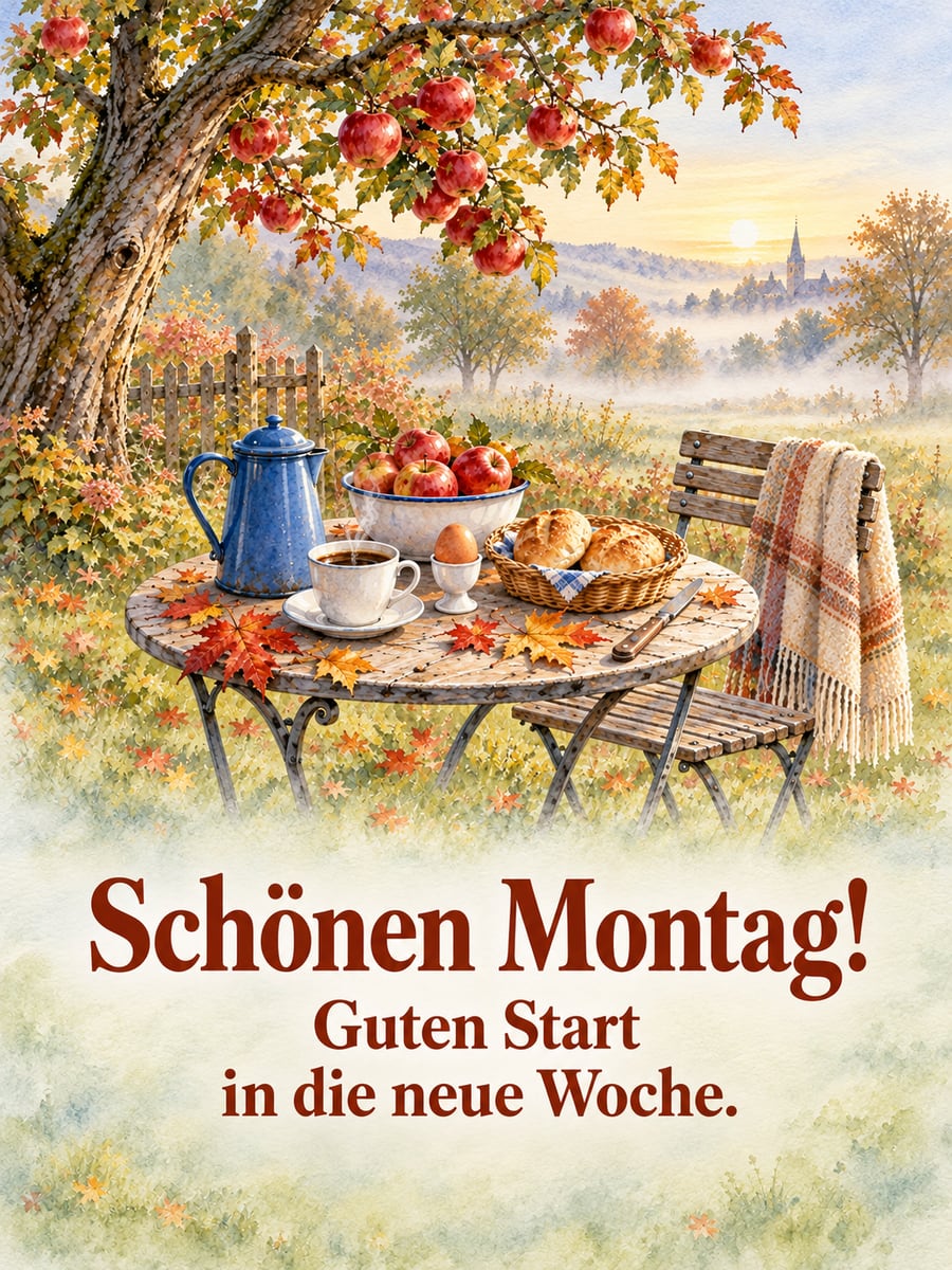 Guten-Morgen-Bild zum Montag mit dem Text „Schönen Montag!“ und „Guten Start in die neue Woche.“ – Motiv: Frühstück, Apfelbaum, Herbstlaub, Brötchen, Frühstücksei