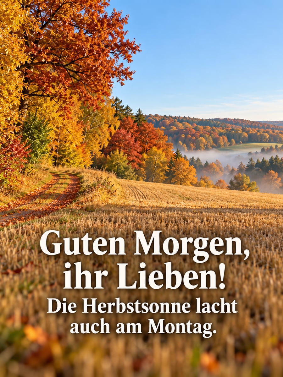 Guten-Morgen-Bild zum Montag mit dem Text „Guten Morgen, ihr Lieben!“ und „Die Herbstsonne lacht auch am Montag.“ – Motiv: Herbstsonne, Buchenwald, Feldweg, Herbstfarben