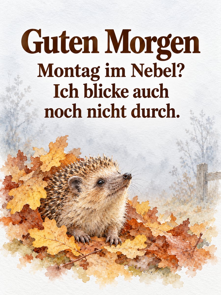 Guten-Morgen-Bild zum Montag mit dem Text „Guten Morgen“ und „Montag im Nebel? Ich blicke auch noch nicht durch.“ – Motiv: Igel, Laubhaufen, Nebel, Herbst