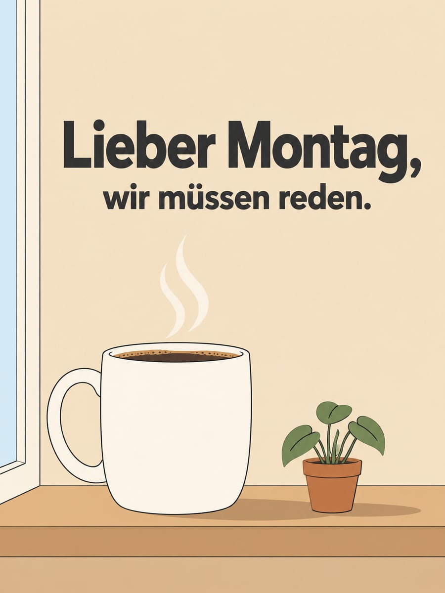 Guten-Morgen-Bild zum Montag mit dem Text „Lieber Montag, wir müssen reden.“ – Motiv: Kaffee, Becher, Fensterbank, Zimmerpflanze