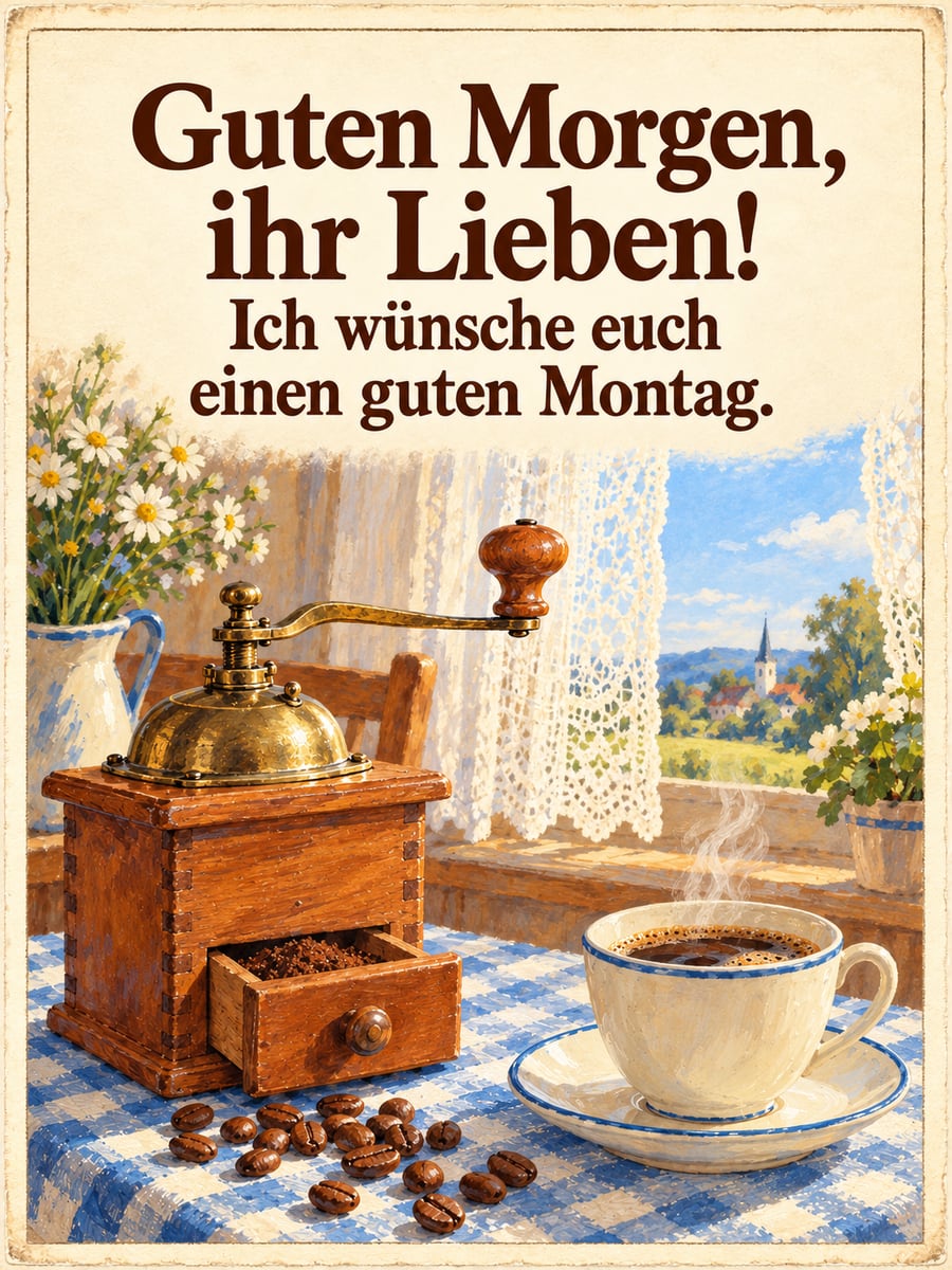 Guten-Morgen-Bild zum Montag mit dem Text „Guten Morgen, ihr Lieben!“ und „Ich wünsche euch einen guten Montag.“ – Motiv: Kaffeemühle, Wachstuch, Kaffeetasse, Gardine
