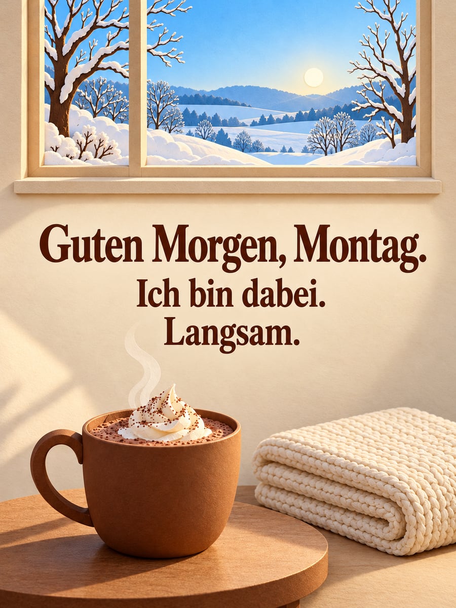Guten-Morgen-Bild zum Montag mit dem Text „Guten Morgen, Montag.“ und „Ich bin dabei. Langsam.“ – Motiv: Kakao, Wolldecke, Schneehügel, Papierschnitt