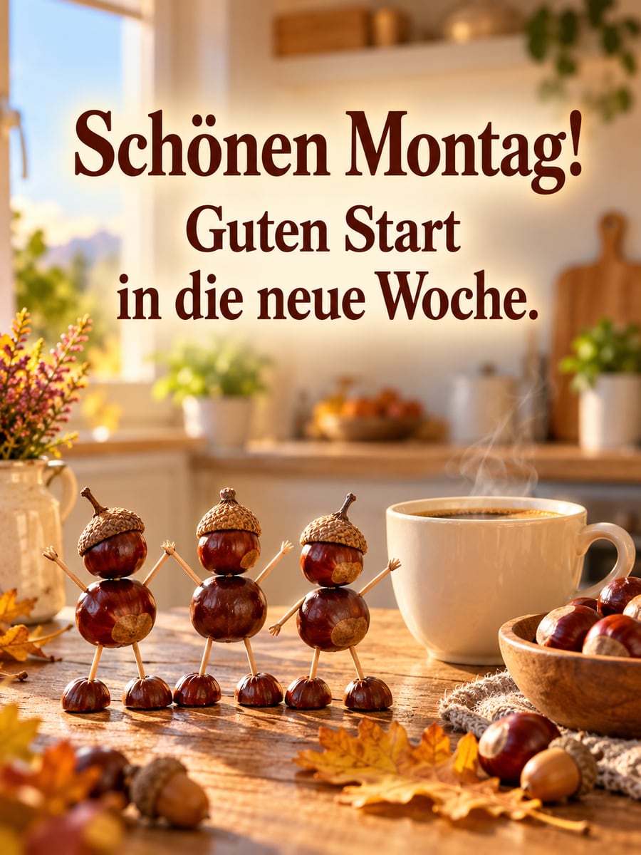 Guten-Morgen-Bild zum Montag mit dem Text „Schönen Montag!“ und „Guten Start in die neue Woche.“ – Motiv: Kastanienmännchen, Kastanien, Kaffeetasse, Herbst