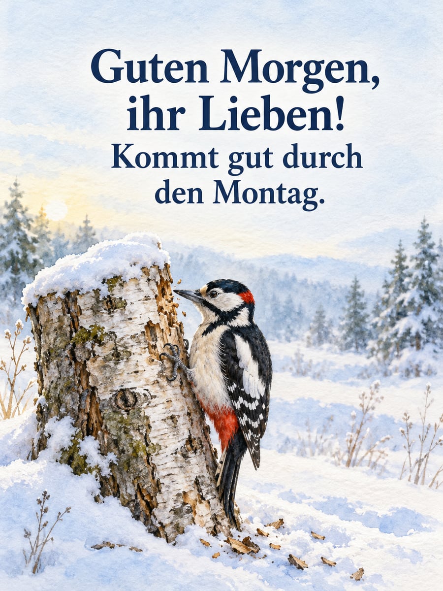 Guten-Morgen-Bild zum Montag mit dem Text „Guten Morgen, ihr Lieben!“ und „Kommt gut durch den Montag.“ – Motiv: Buntspecht, Birkenstumpf, Schnee, Winterwald