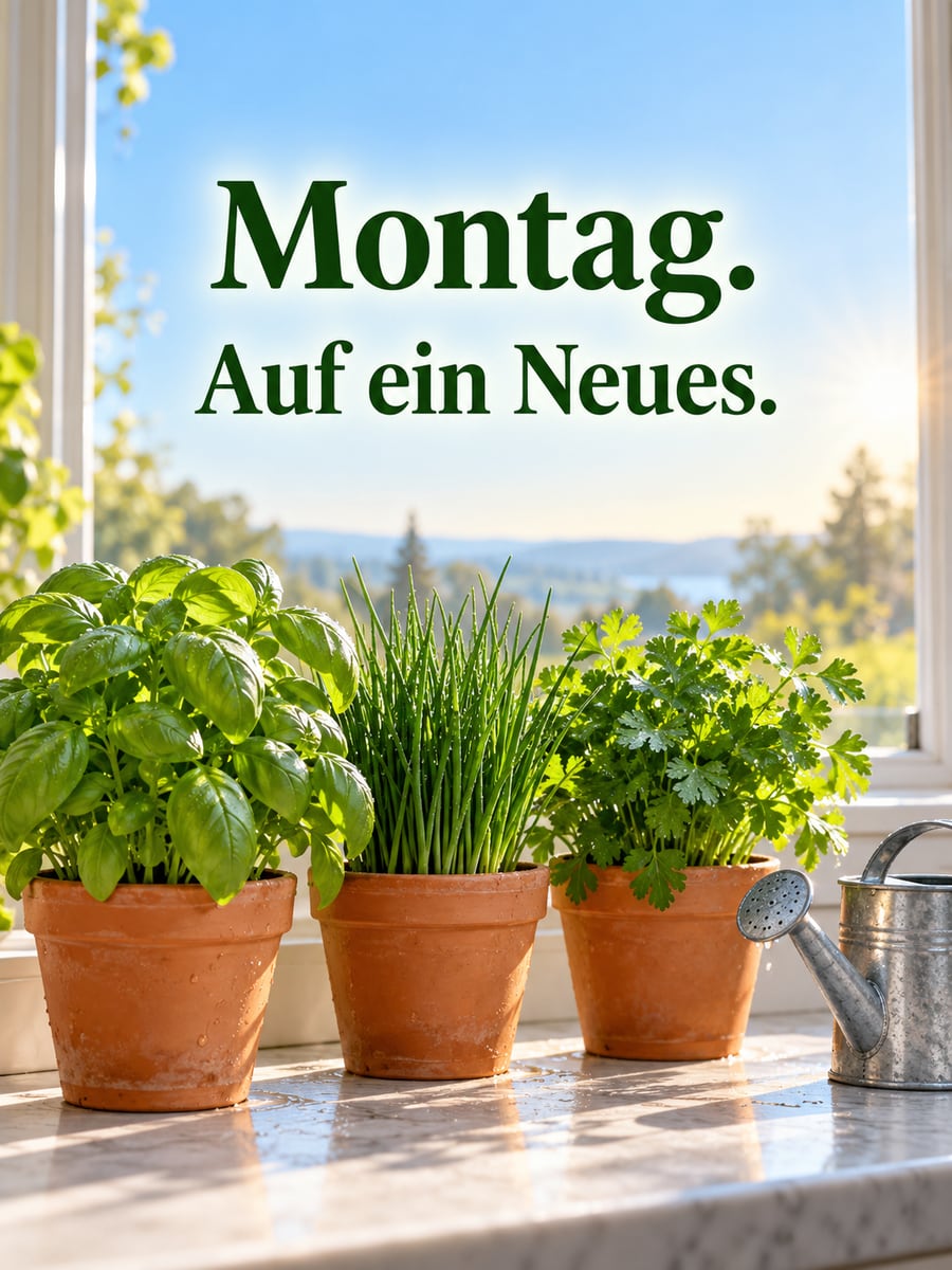 Guten-Morgen-Bild zum Montag mit dem Text „Montag.“ und „Auf ein Neues.“ – Motiv: Kräuter, Basilikum, Schnittlauch, Gießkanne