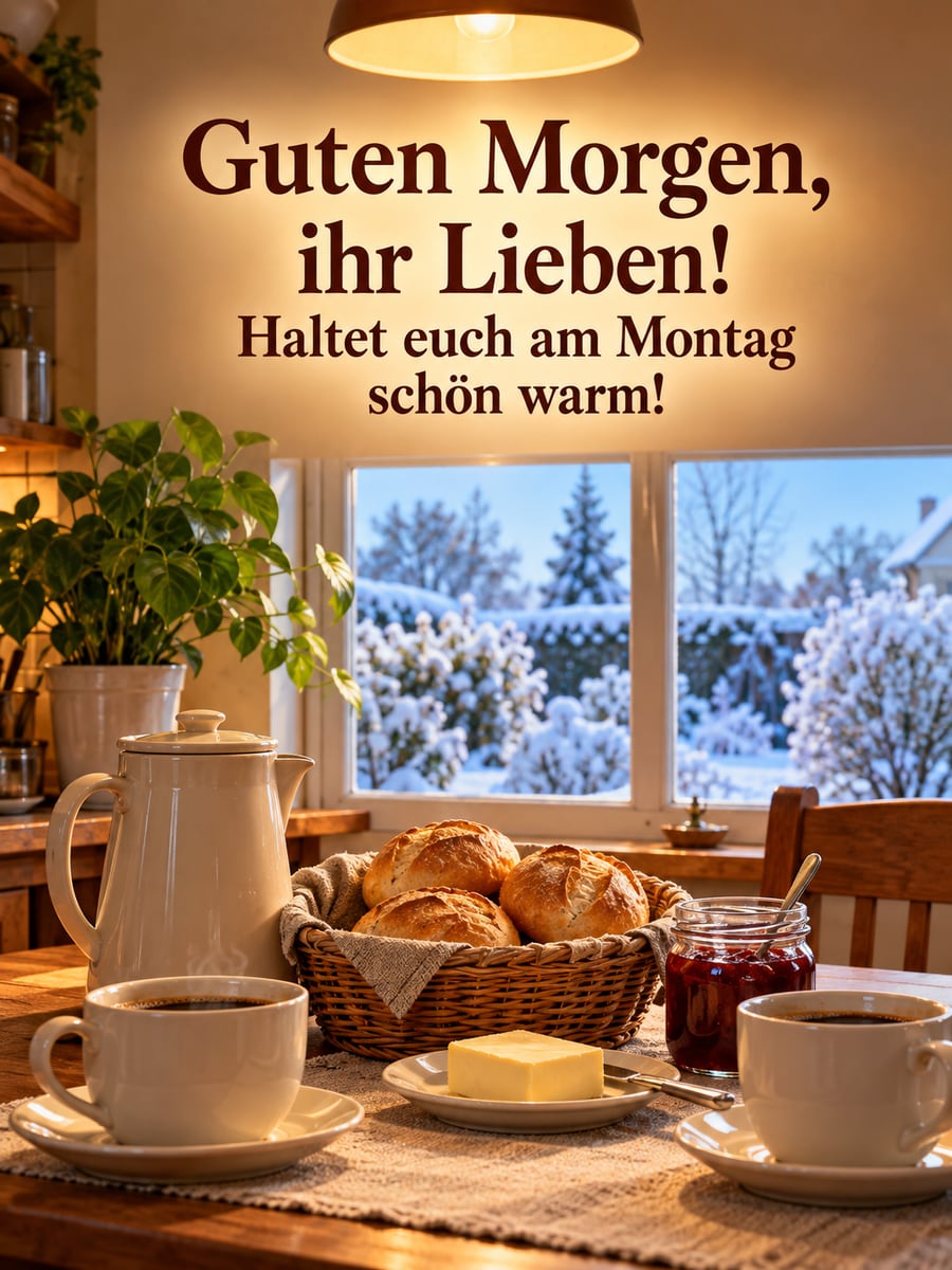 Guten-Morgen-Bild zum Montag mit dem Text „Guten Morgen, ihr Lieben!“ und „Haltet euch am Montag schön warm!“ – Motiv: Küchenlampe, Frühstückstisch, Brötchen, Kaffee, Winter
