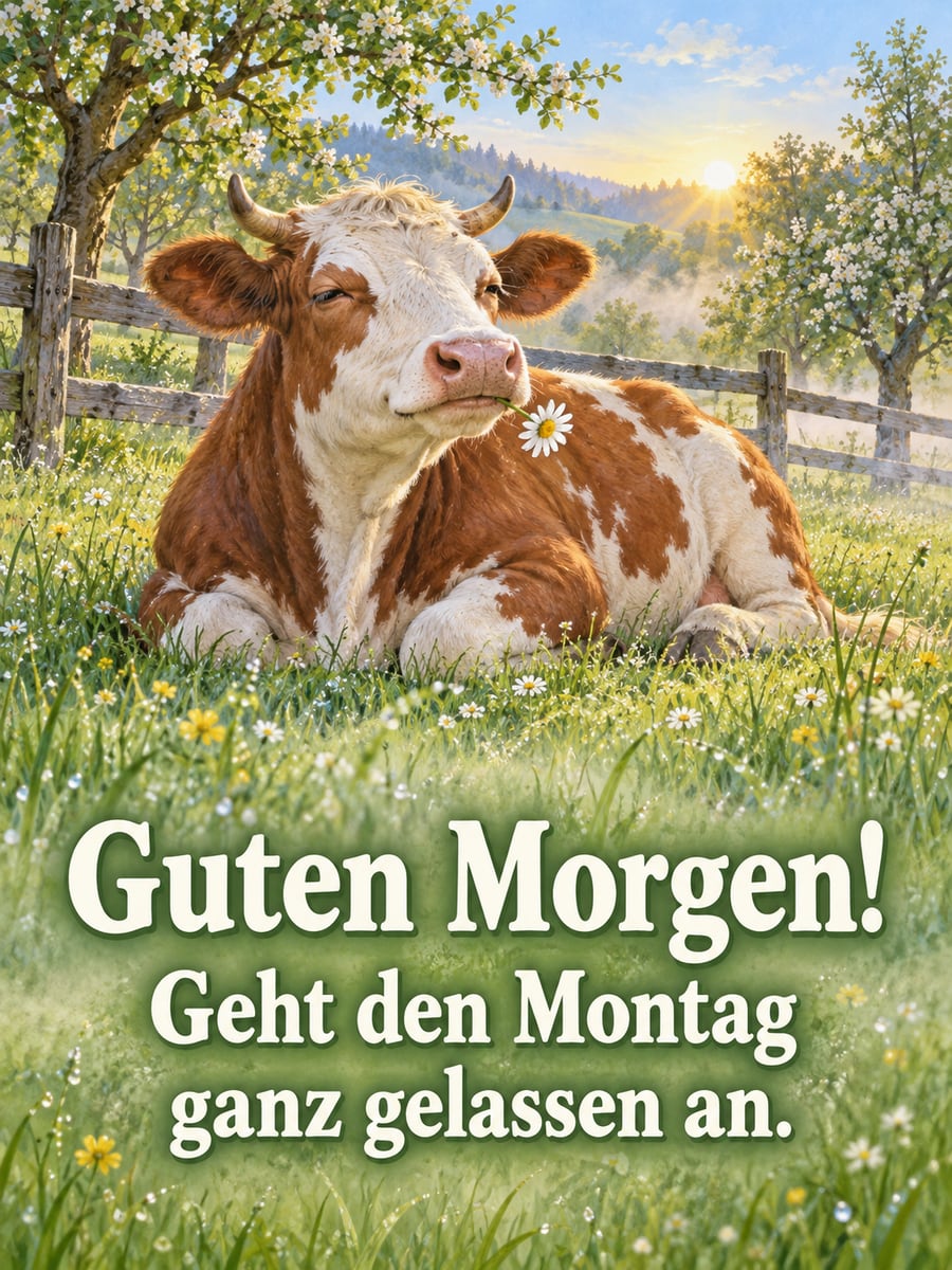 Guten-Morgen-Bild zum Montag mit dem Text „Guten Morgen!“ und „Geht den Montag ganz gelassen an.“ – Motiv: Kuh, Weide, Gänseblümchen, Morgentau