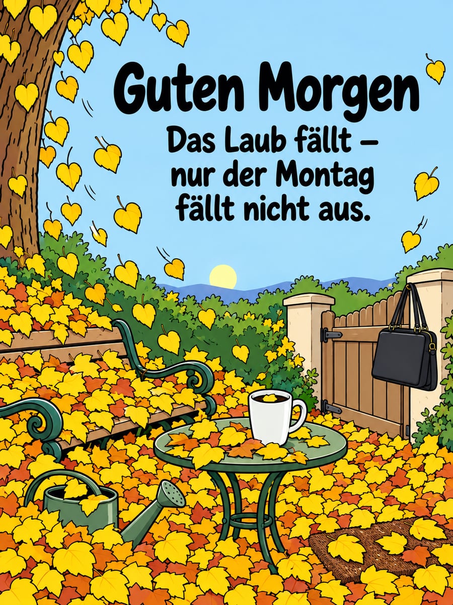 Guten-Morgen-Bild zum Montag mit dem Text „Guten Morgen“ und „Das Laub fällt – nur der Montag fällt nicht aus.“ – Motiv: Laub, Linde, Kaffeebecher, Garten, Montag