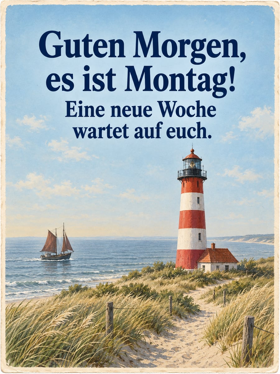 Guten-Morgen-Bild zum Montag mit dem Text „Guten Morgen, es ist Montag!“ und „Eine neue Woche wartet auf euch.“ – Motiv: Leuchtturm, Nordsee, Düne, Fischkutter