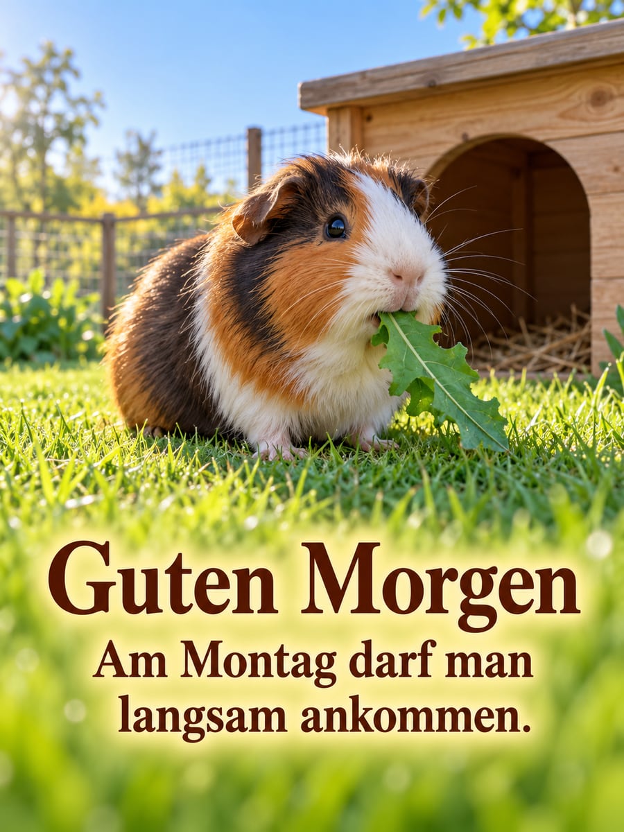 Guten-Morgen-Bild zum Montag mit dem Text „Guten Morgen“ und „Am Montag darf man langsam ankommen.“ – Motiv: Meerschweinchen, Löwenzahn, Freigehege, Frühstück
