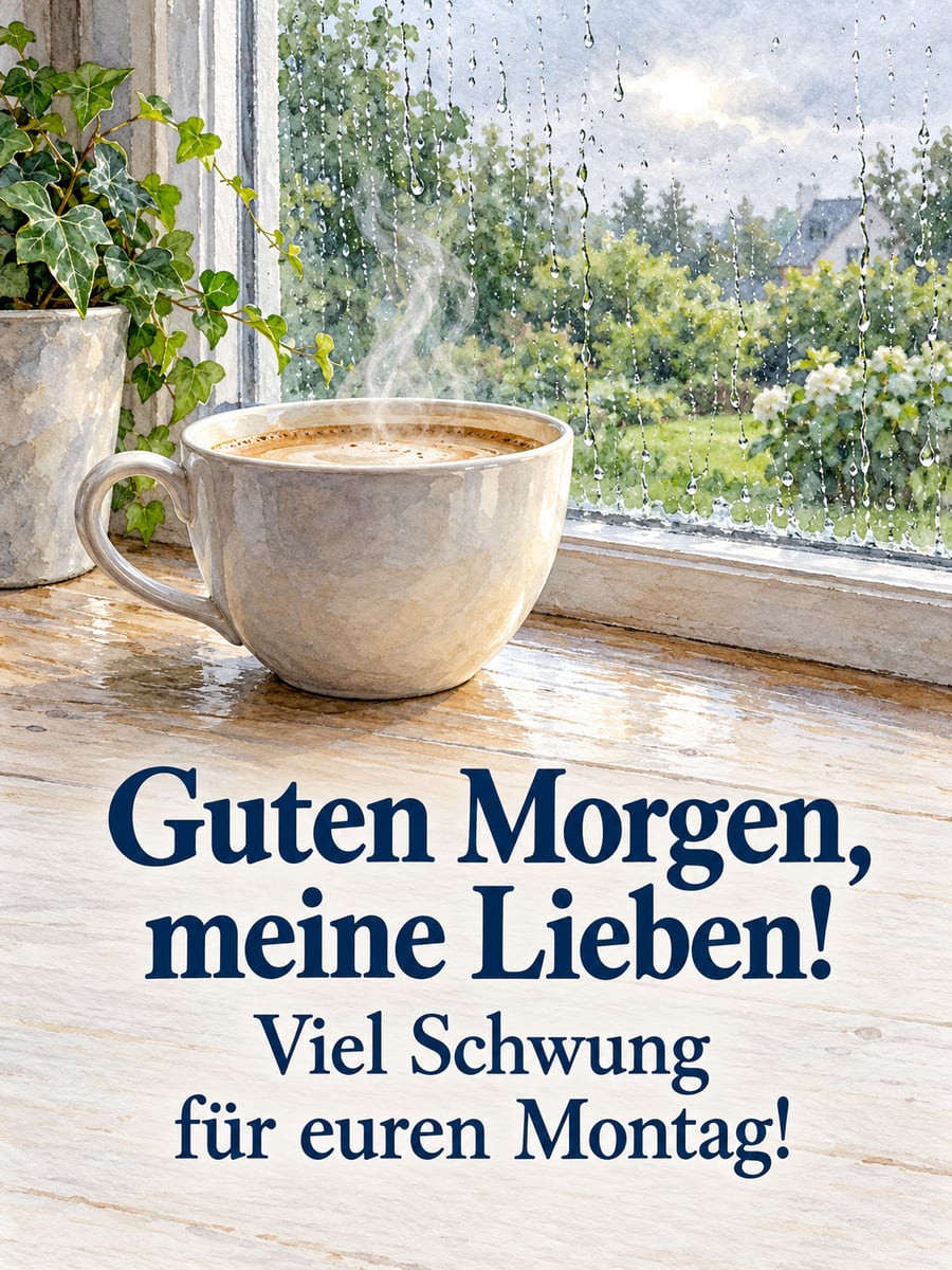Guten-Morgen-Bild zum Montag mit dem Text „Guten Morgen, meine Lieben!“ und „Viel Schwung für euren Montag!“ – Motiv: Milchkaffee, Regentropfen, Fenster, Efeu
