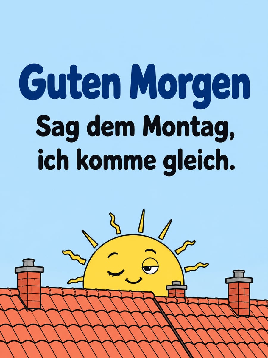 Guten-Morgen-Bild zum Montag mit dem Text „Guten Morgen“ und „Sag dem Montag, ich komme gleich.“ – Motiv: Sonne, Dächer, Verschlafen, Cartoon