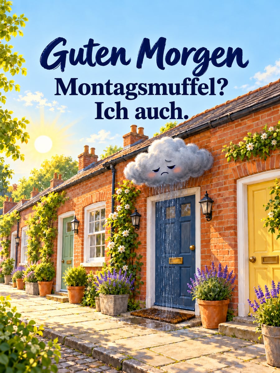 Guten-Morgen-Bild zum Montag mit dem Text „Guten Morgen“ und „Montagsmuffel? Ich auch.“ – Motiv: Regenwolke, Fußmatte, Reihenhaus, Montagsmuffel
