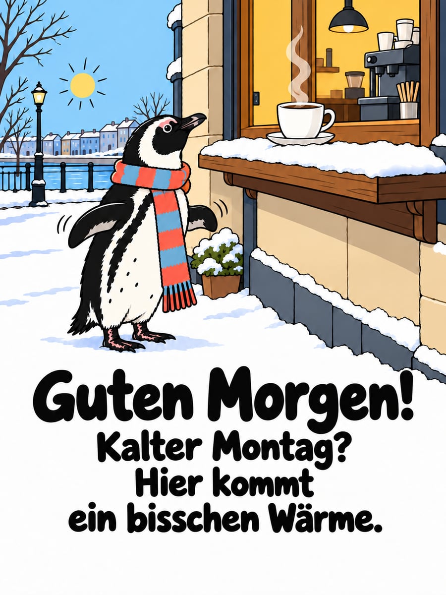 Guten-Morgen-Bild zum Montag mit dem Text „Guten Morgen!“ und „Kalter Montag? Hier kommt ein bisschen Wärme.“ – Motiv: Pinguin, Schal, Kaffee, Schnee