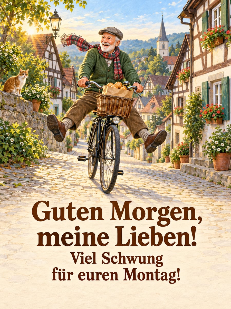 Guten-Morgen-Bild zum Montag mit dem Text „Guten Morgen, meine Lieben!“ und „Viel Schwung für euren Montag!“ – Motiv: Fahrrad, Brötchen, Kopfsteinpflaster, Fachwerk, Schwung