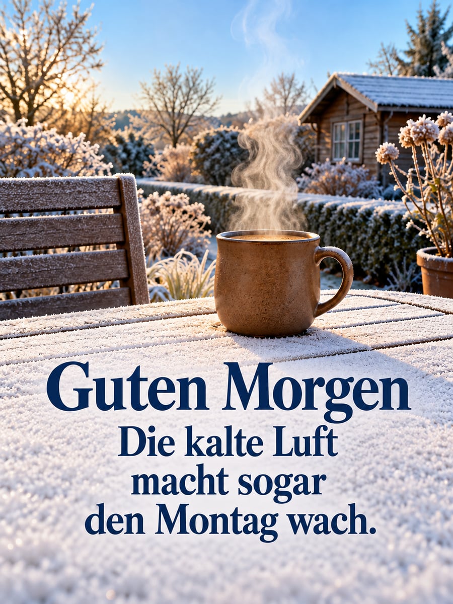 Guten-Morgen-Bild zum Montag mit dem Text „Guten Morgen“ und „Die kalte Luft macht sogar den Montag wach.“ – Motiv: Raureif, Kaffee, Terrasse, Winterluft