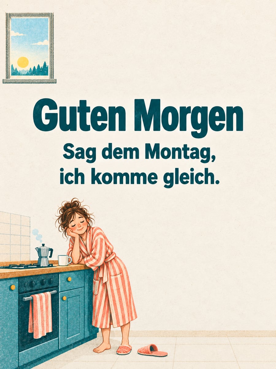 Guten-Morgen-Bild zum Montag mit dem Text „Guten Morgen“ und „Sag dem Montag, ich komme gleich.“ – Motiv: Espressokanne, Bademantel, Müdigkeit, Küche