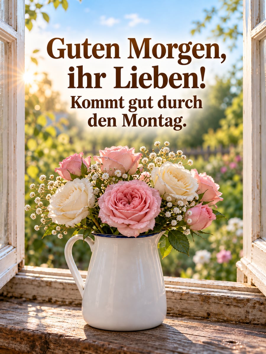 Guten-Morgen-Bild zum Montag mit dem Text „Guten Morgen, ihr Lieben!“ und „Kommt gut durch den Montag.“ – Motiv: Rosen, Emaillekrug, Fensterbank, Morgentau