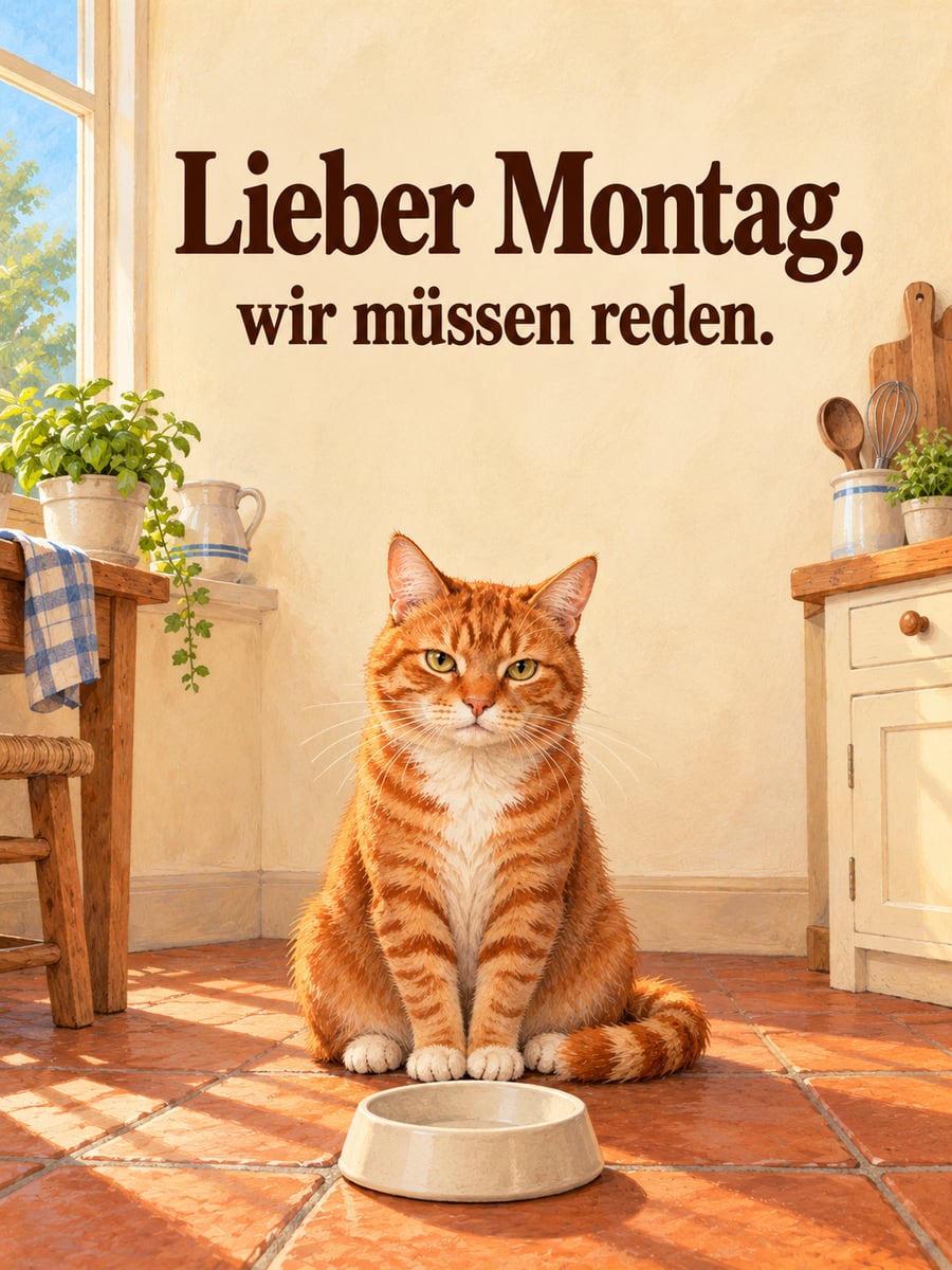 Guten-Morgen-Bild zum Montag mit dem Text „Lieber Montag, wir müssen reden.“ – Motiv: Kater, Futternapf, Küche, Montag