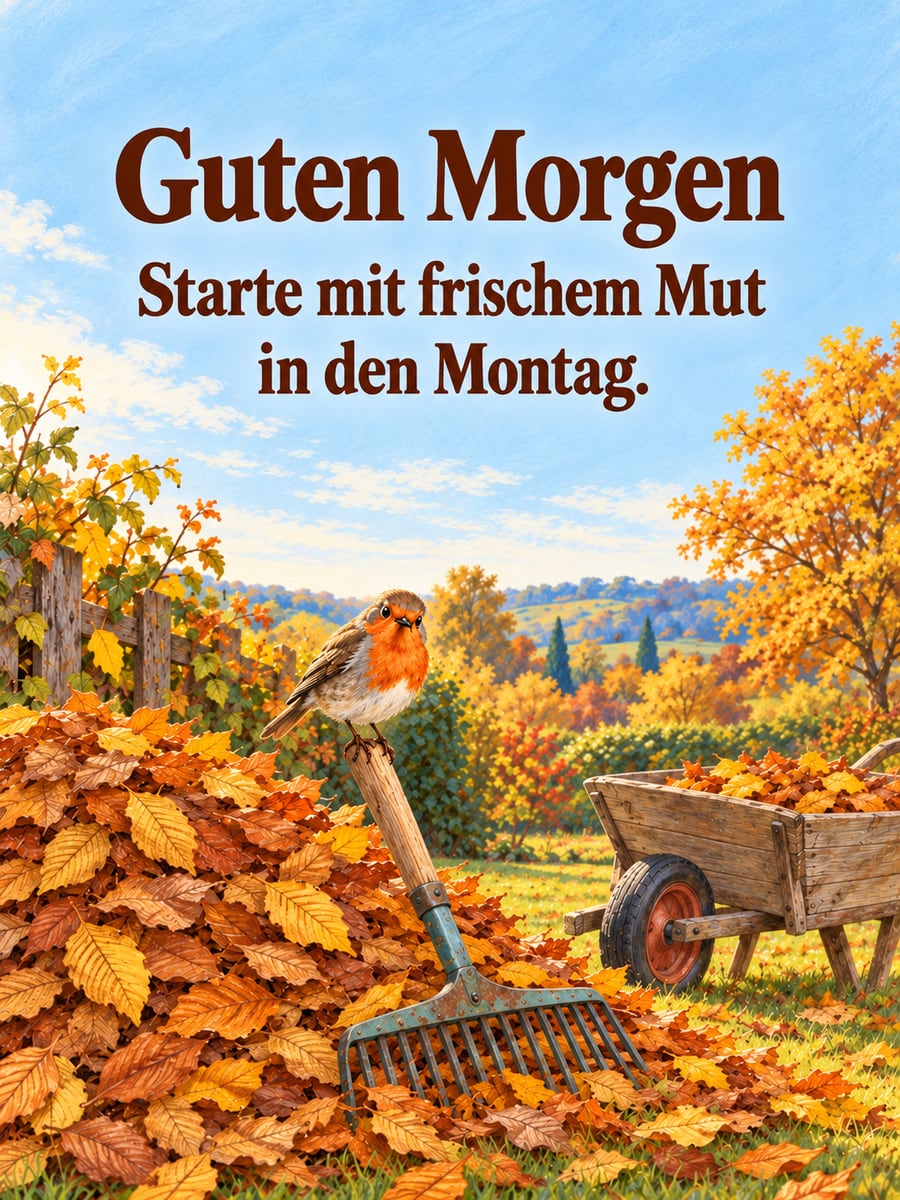 Guten-Morgen-Bild zum Montag mit dem Text „Guten Morgen“ und „Starte mit frischem Mut in den Montag.“ – Motiv: Rotkehlchen, Laubrechen, Laubhaufen, Schubkarre