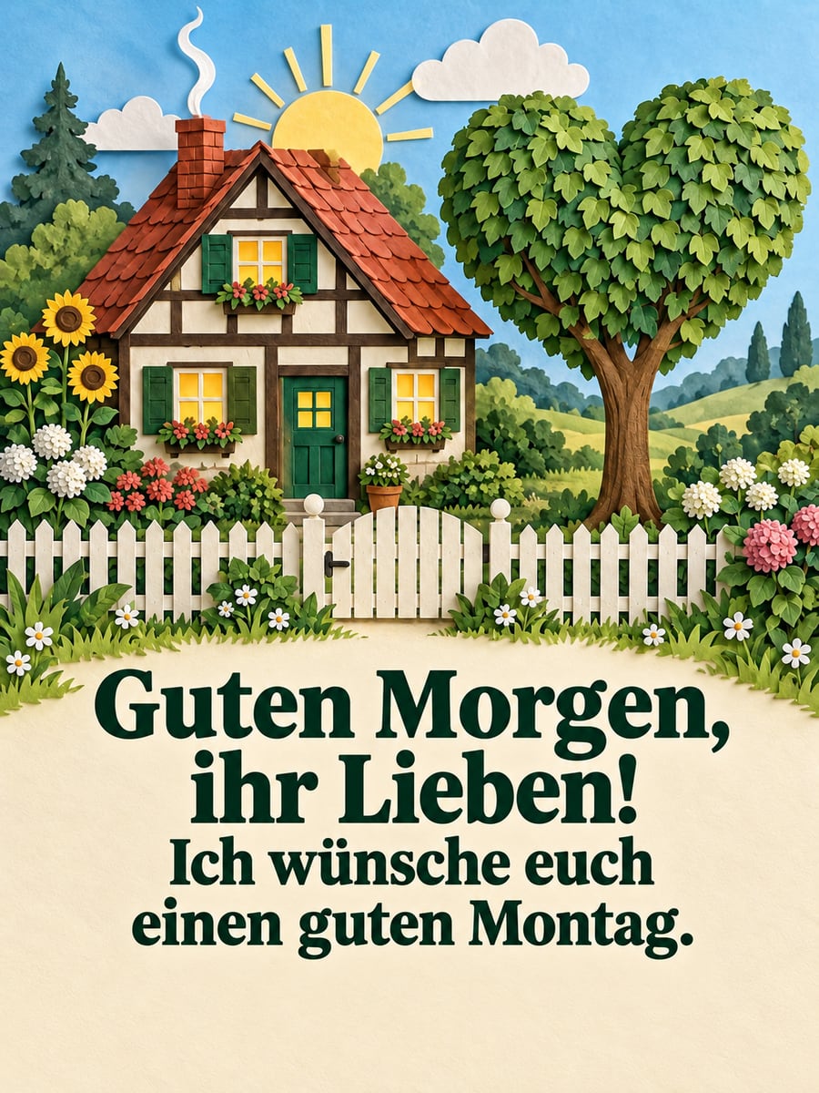 Guten-Morgen-Bild zum Montag mit dem Text „Guten Morgen, ihr Lieben!“ und „Ich wünsche euch einen guten Montag.“ – Motiv: Scherenschnitt, Fachwerkhaus, Herzbaum, Garten