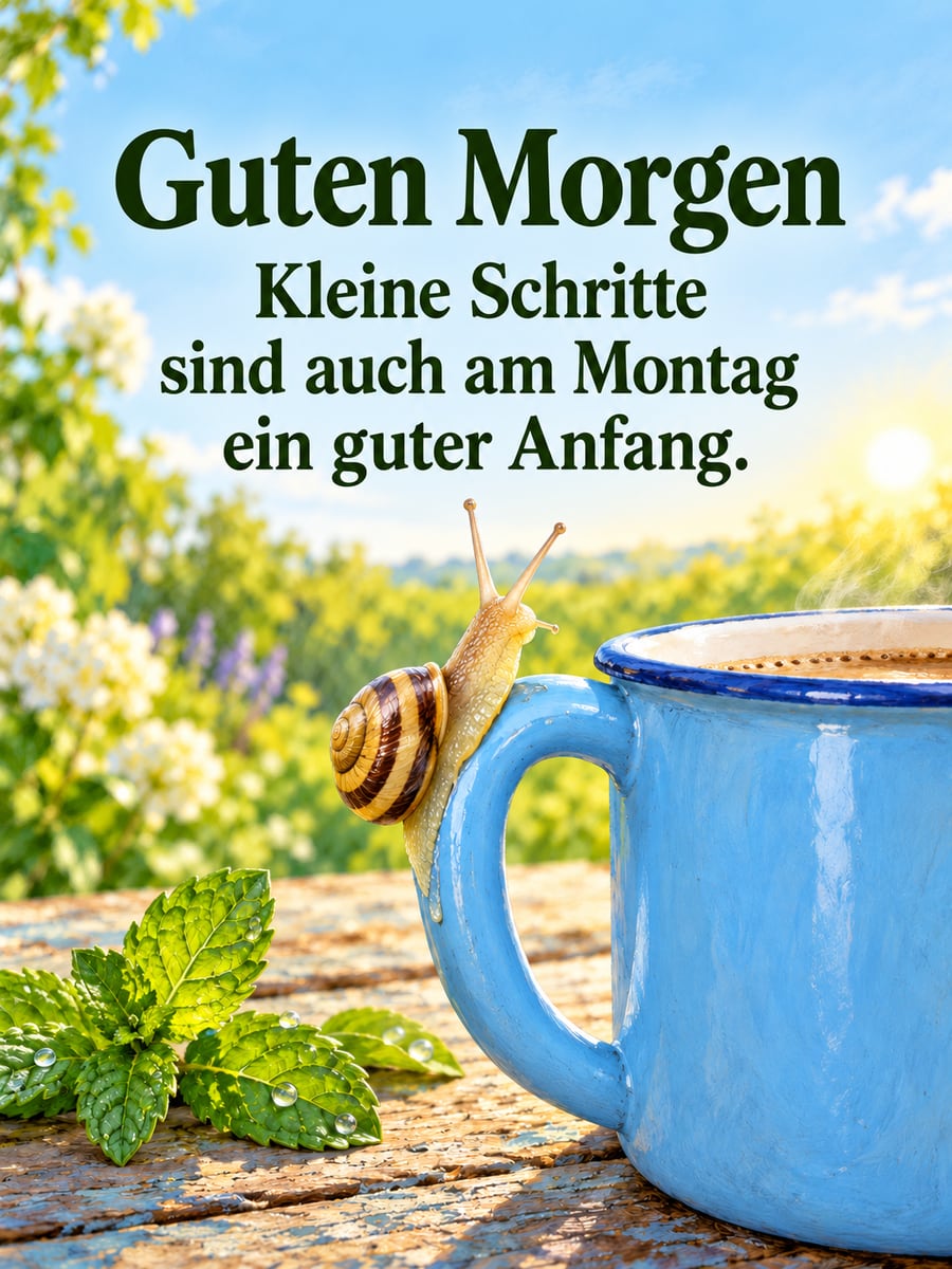 Guten-Morgen-Bild zum Montag mit dem Text „Guten Morgen“ und „Kleine Schritte sind auch am Montag ein guter Anfang.“ – Motiv: Schnecke, Emailletasse, Gartentisch, Minze
