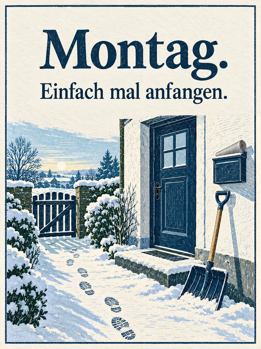 Guten-Morgen-Bild zum Montag mit dem Text „Montag.“ und „Einfach mal anfangen.“ – Motiv: Schneeschaufel, Briefkasten, Zeitung, Fußspuren