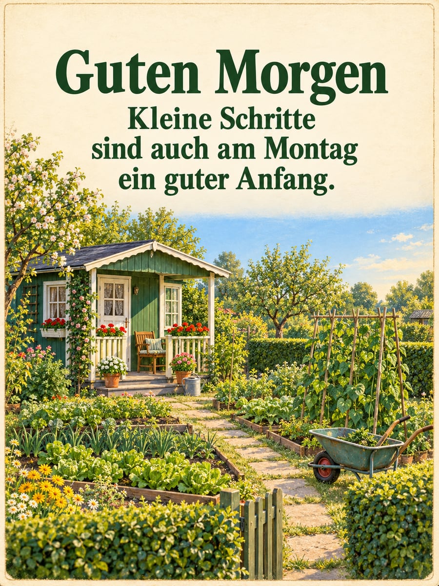 Guten-Morgen-Bild zum Montag mit dem Text „Guten Morgen“ und „Kleine Schritte sind auch am Montag ein guter Anfang.“ – Motiv: Schrebergarten, Gartenlaube, Gemüsebeet, Schubkarre