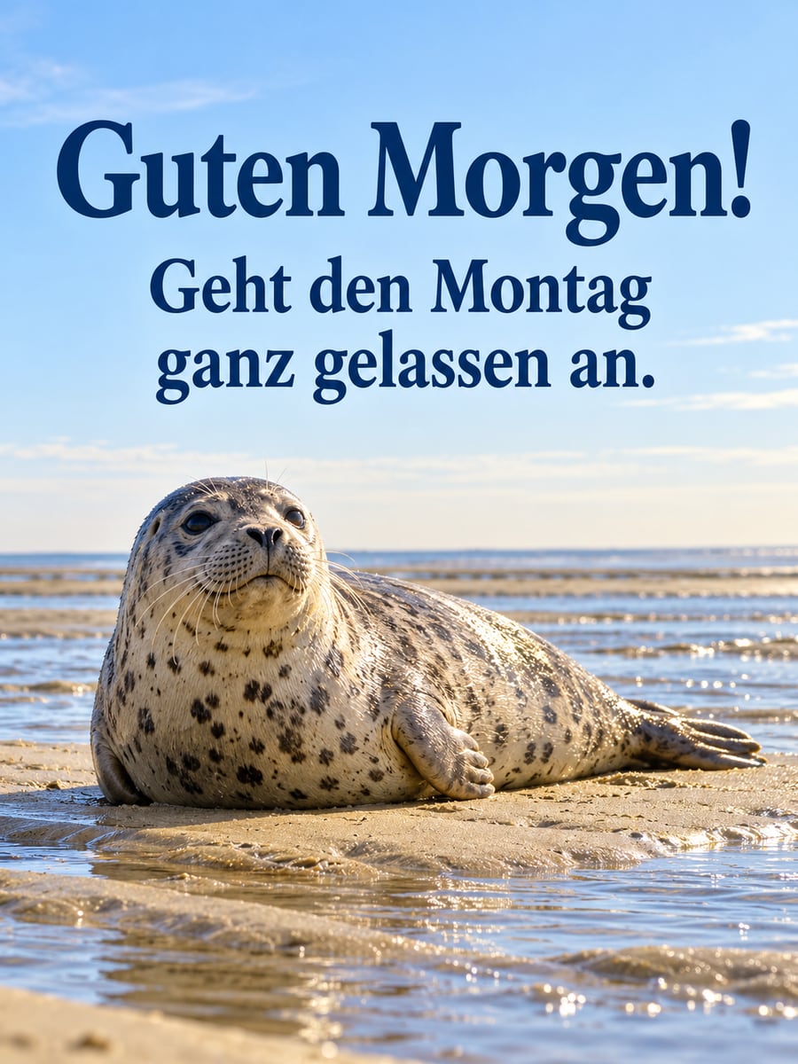 Guten-Morgen-Bild zum Montag mit dem Text „Guten Morgen!“ und „Geht den Montag ganz gelassen an.“ – Motiv: Seehund, Sandbank, Wattenmeer, Nordsee