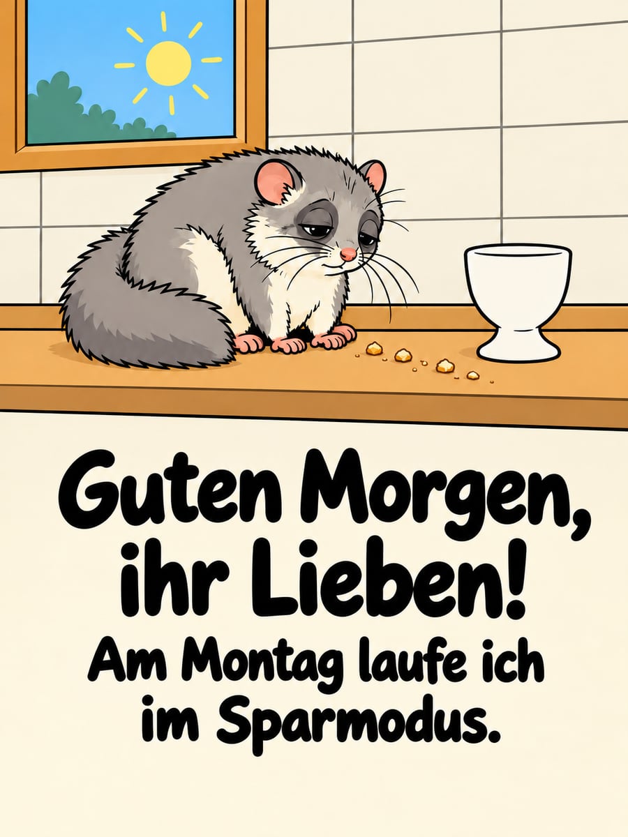 Guten-Morgen-Bild zum Montag mit dem Text „Guten Morgen, ihr Lieben!“ und „Am Montag laufe ich im Sparmodus.“ – Motiv: Siebenschläfer, Sparmodus, Eierbecher, Montagsmüdigkeit