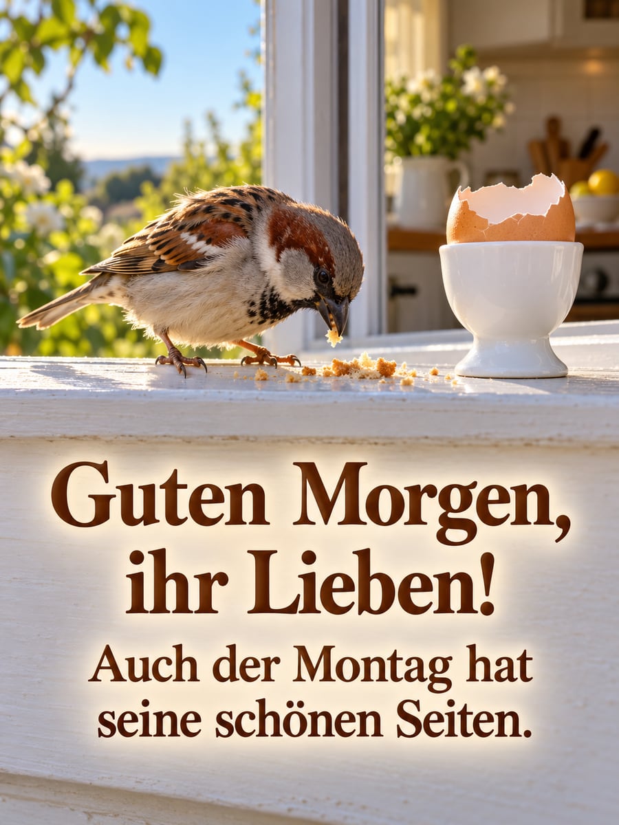 Guten-Morgen-Bild zum Montag mit dem Text „Guten Morgen, ihr Lieben!“ und „Auch der Montag hat seine schönen Seiten.“ – Motiv: Spatz, Eierbecher, Fensterbank, Brotkrumen