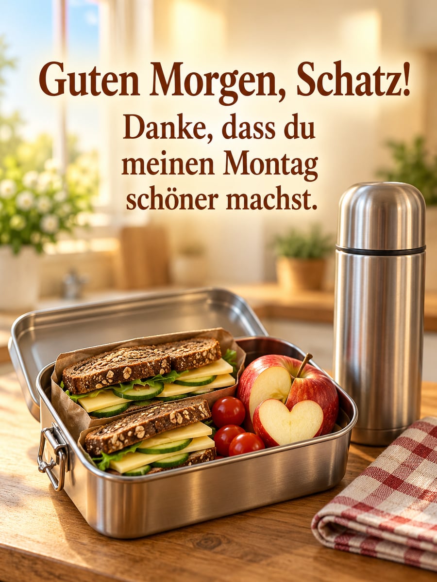 Guten-Morgen-Bild zum Montag mit dem Text „Guten Morgen, Schatz!“ und „Danke, dass du meinen Montag schöner machst.“ – Motiv: Brotdose, Stulle, Apfelherz, Thermoskanne