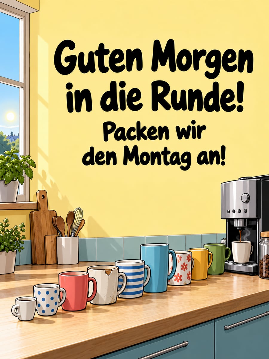 Guten-Morgen-Bild zum Montag mit dem Text „Guten Morgen in die Runde!“ und „Packen wir den Montag an!“ – Motiv: Kaffeemaschine, Tassen, Büroküche, Warteschlange