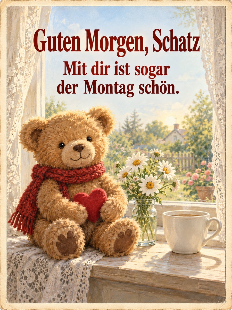 Guten-Morgen-Bild zum Montag mit dem Text „Guten Morgen, Schatz“ und „Mit dir ist sogar der Montag schön.“ – Motiv: Teddybär, Herz, Fensterbank, Gardine, Gänseblümchen