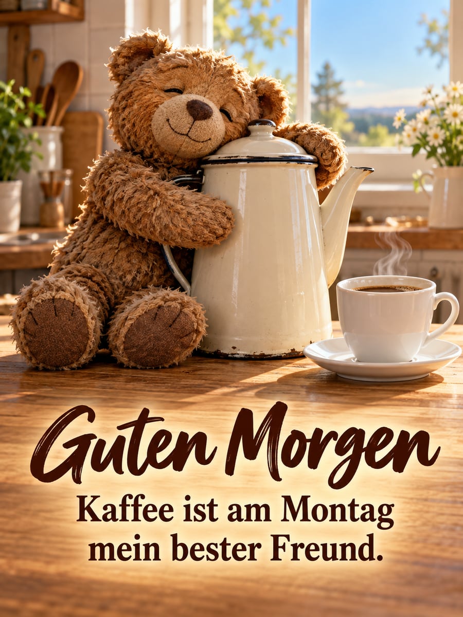 Guten-Morgen-Bild zum Montag mit dem Text „Guten Morgen“ und „Kaffee ist am Montag mein bester Freund.“ – Motiv: Teddybär, Kaffeekanne, Küchenbank, Kaffee