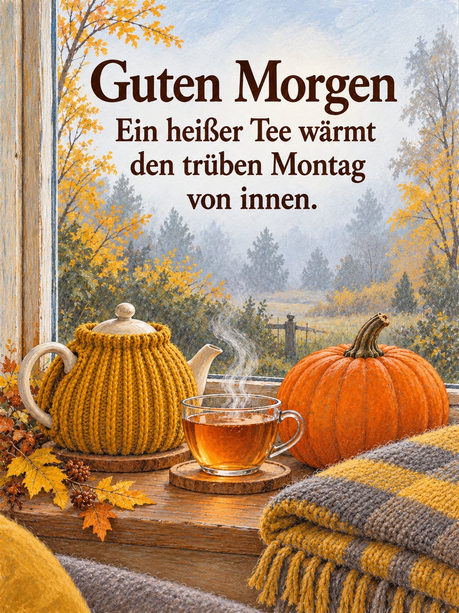 Guten-Morgen-Bild zum Montag mit dem Text „Guten Morgen“ und „Ein heißer Tee wärmt den trüben Montag von innen.“ – Motiv: Tee, Teekanne, Kürbis, Wolldecke, Nebel