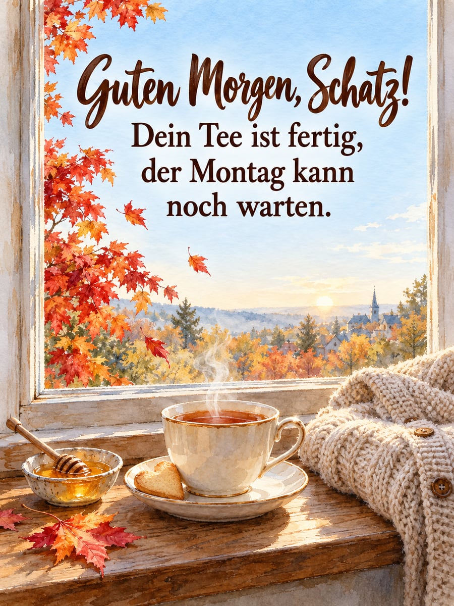 Guten-Morgen-Bild zum Montag mit dem Text „Guten Morgen, Schatz!“ und „Dein Tee ist fertig, der Montag kann noch warten.“ – Motiv: Tee, Strickjacke, Fensterbank, Ahorn, Liebe