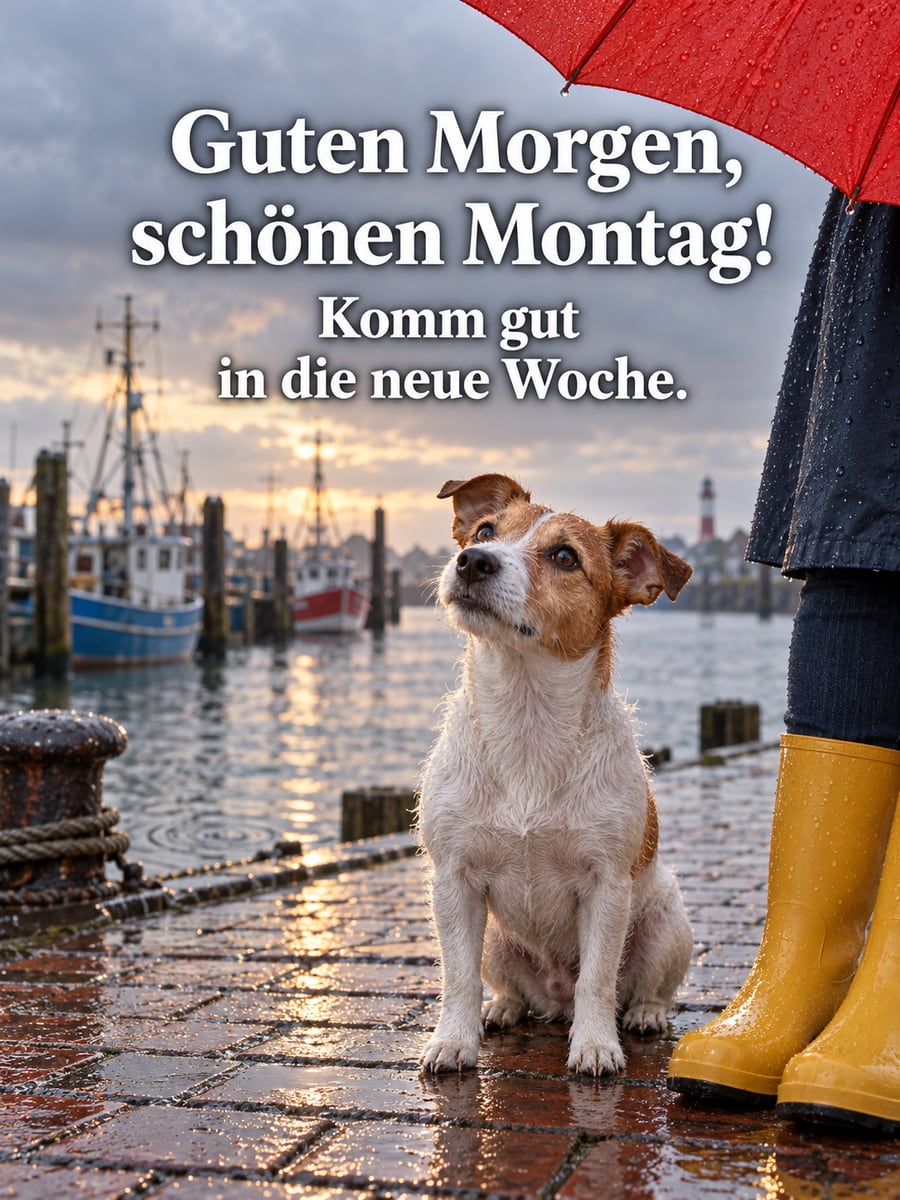 Guten-Morgen-Bild zum Montag mit dem Text „Guten Morgen, schönen Montag!“ und „Komm gut in die neue Woche.“ – Motiv: Hund, Jack Russell Terrier, Regenschirm, Hafen, Regen