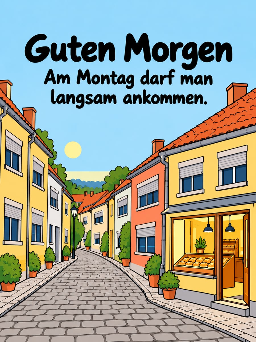 Guten-Morgen-Bild zum Montag mit dem Text „Guten Morgen“ und „Am Montag darf man langsam ankommen.“ – Motiv: Gasse, Rollläden, Bäckerei, Brötchen, Kopfsteinpflaster